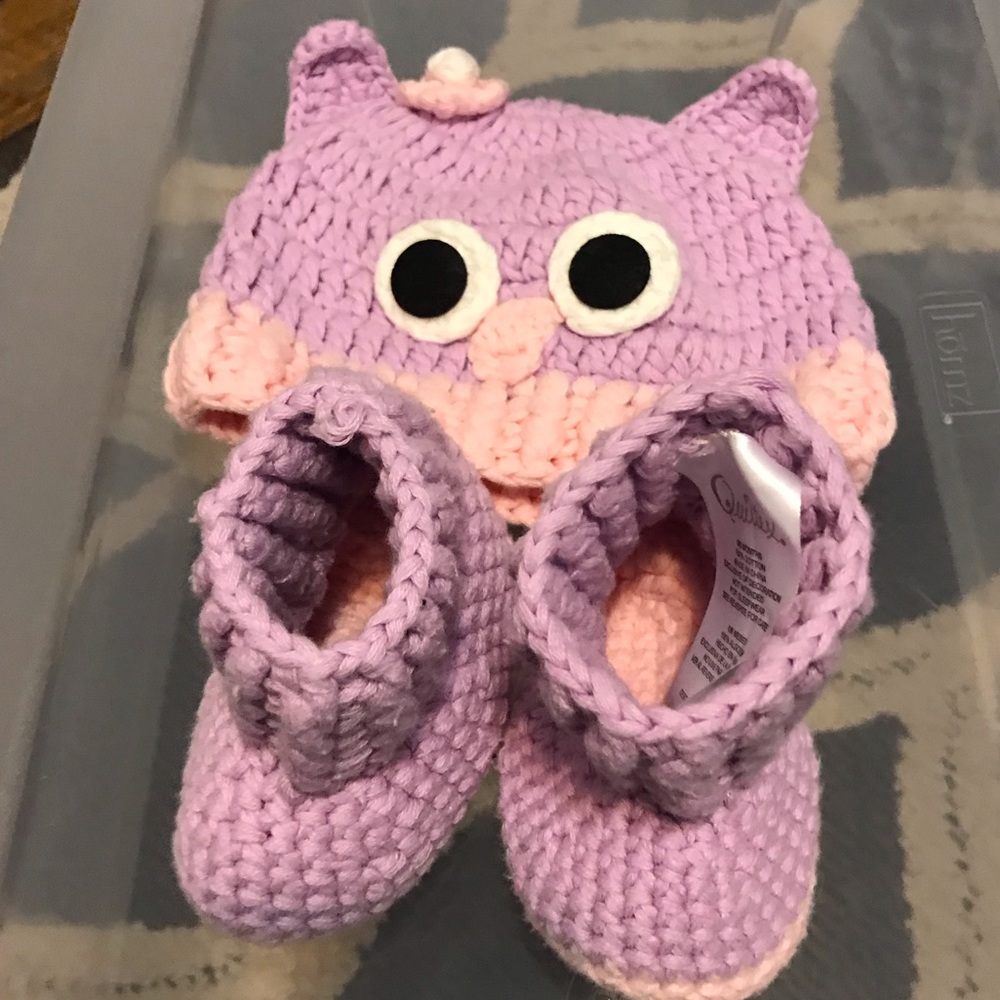 Purple hand crochet hat and booties